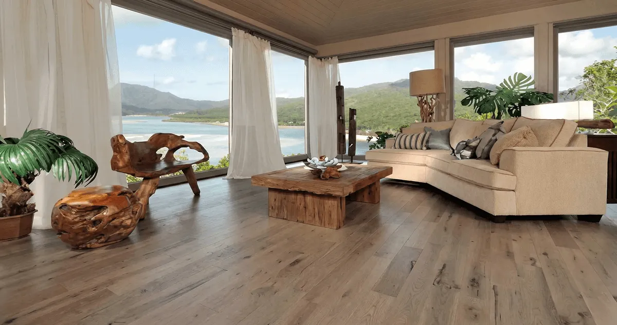 Professionally installed vinyl flooring in a modern living room with large windows in Fort Worth, TX